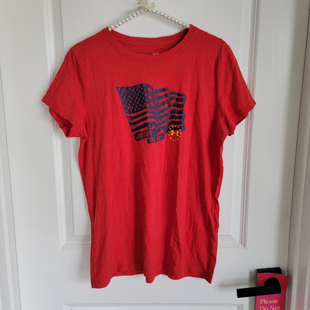 Unisex Under Armour Short Sleeve Loose Fit Heat Gear 4th of July Flag Tee Sz L